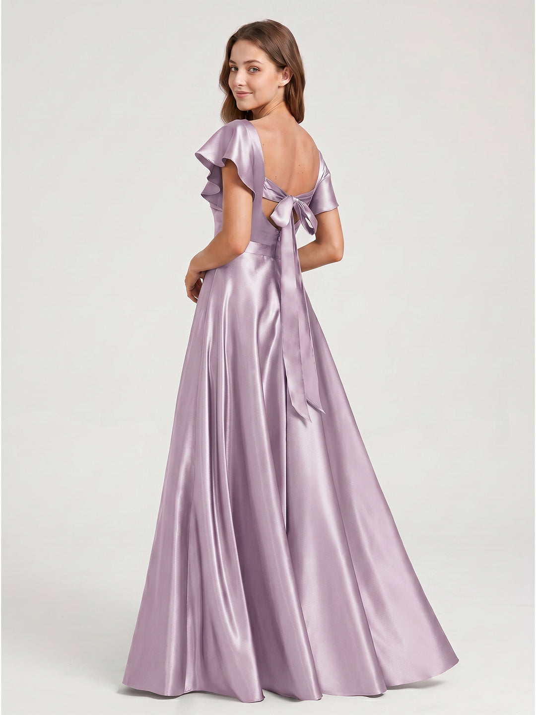 Lilac Satin A-Line V-Neck Bow Floor-Length Bridesmaid Dress