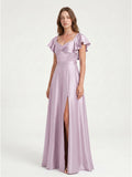 Lilac Satin A-Line V-Neck Bow Floor-Length Bridesmaid Dress