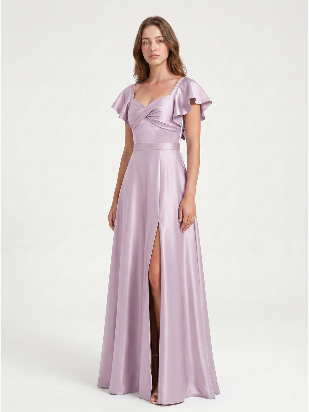 Lilac Satin A-Line V-Neck Bow Floor-Length Bridesmaid Dress