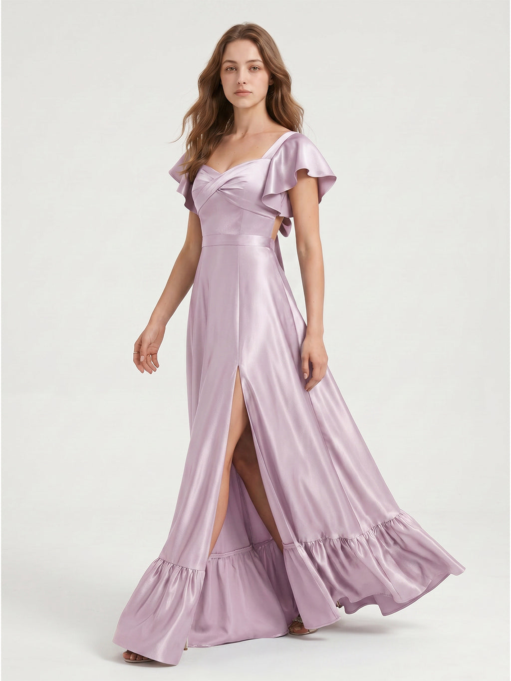 Lilac Satin A-Line V-Neck Bow Floor-Length Bridesmaid Dress