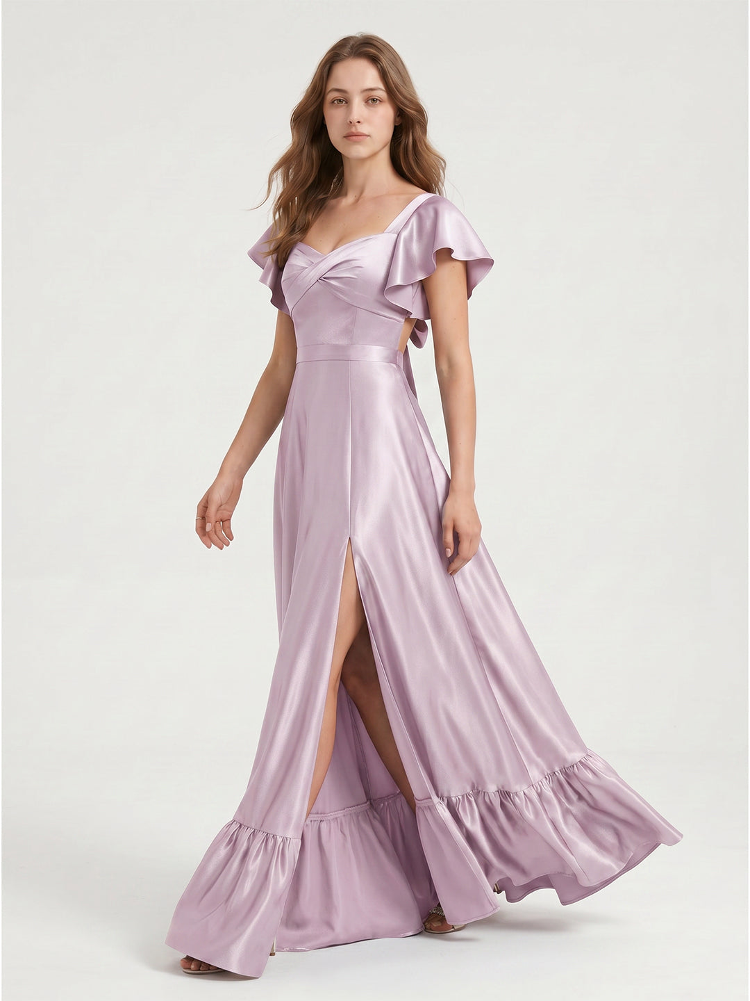 Lilac Satin A-Line V-Neck Bow Floor-Length Bridesmaid Dress