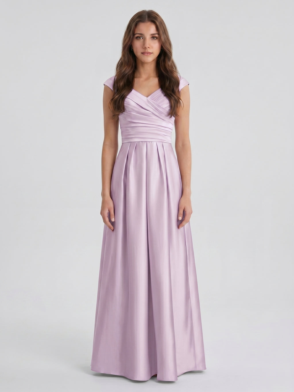 Lilac Satin A-Line V-Neck V-Back Floor-Length Bridesmaid Dress
