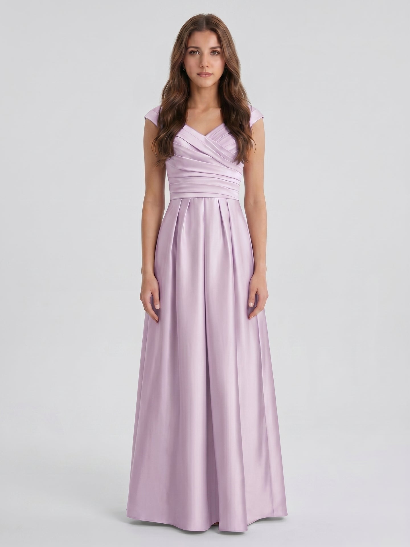 Lilac Satin A-Line V-Neck V-Back Floor-Length Bridesmaid Dress