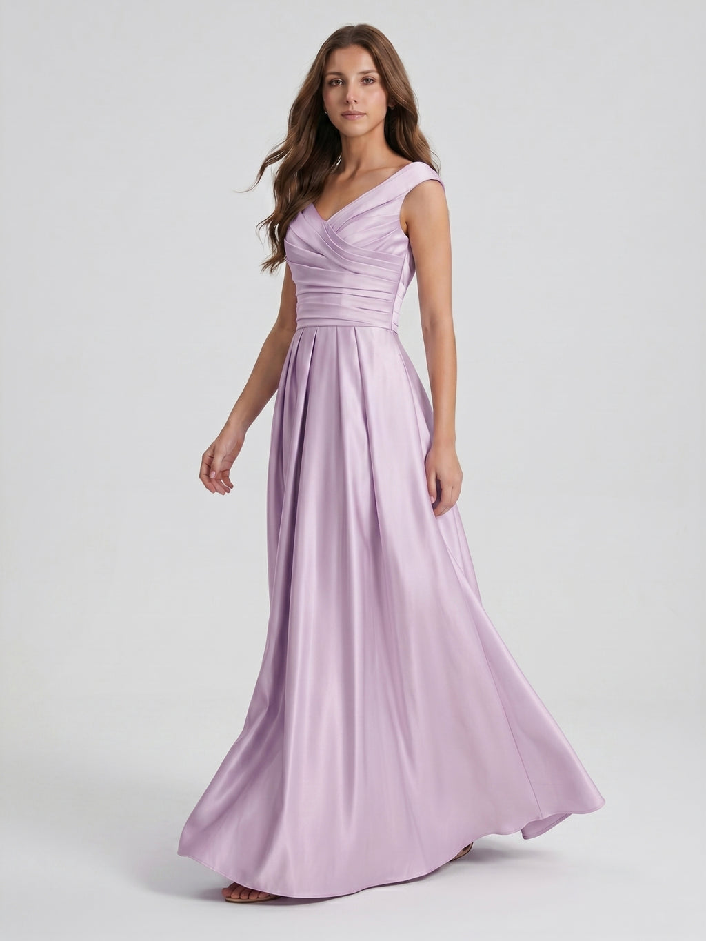 Lilac Satin A-Line V-Neck V-Back Floor-Length Bridesmaid Dress