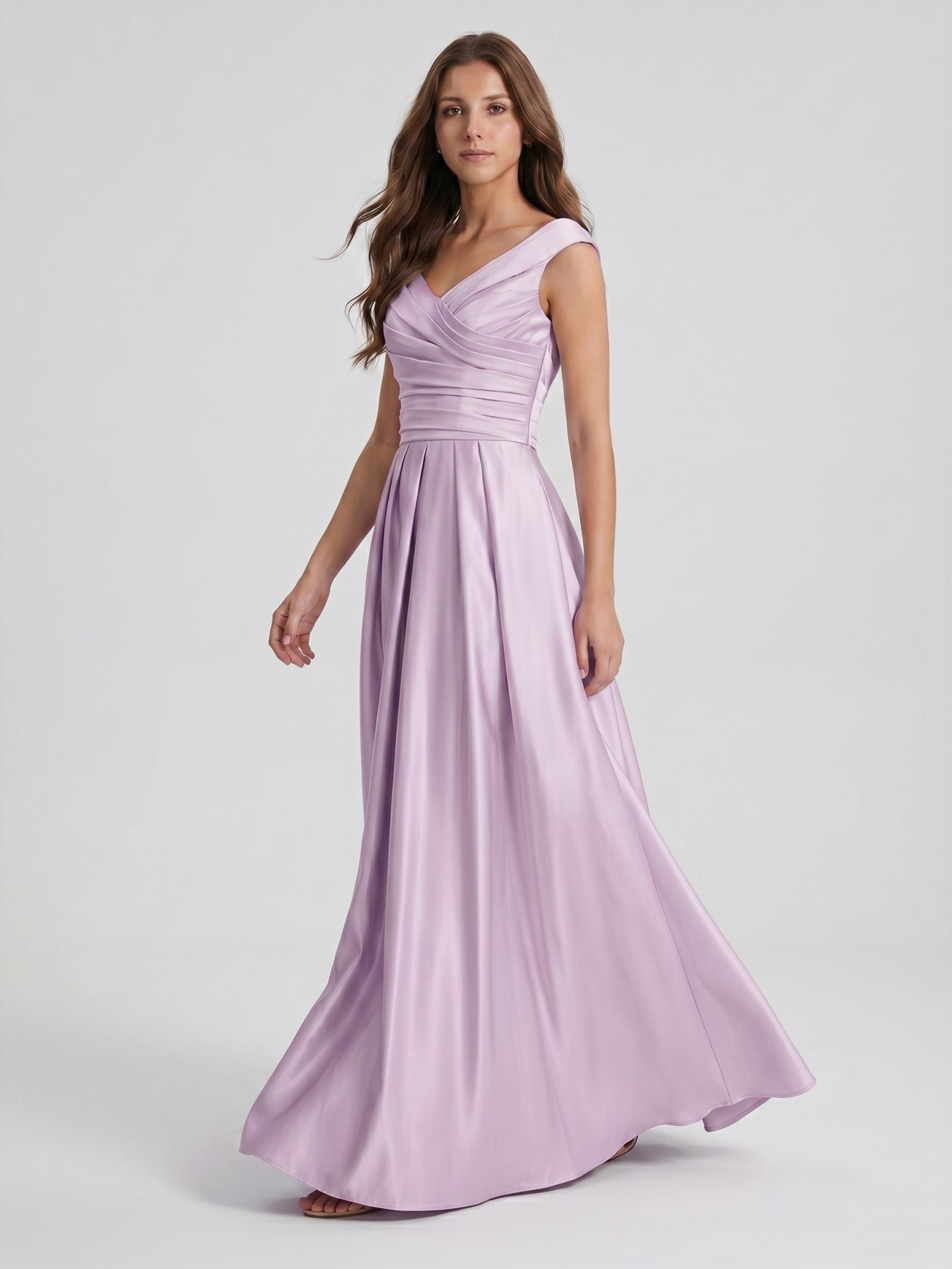 Lilac Satin A-Line V-Neck V-Back Floor-Length Bridesmaid Dress