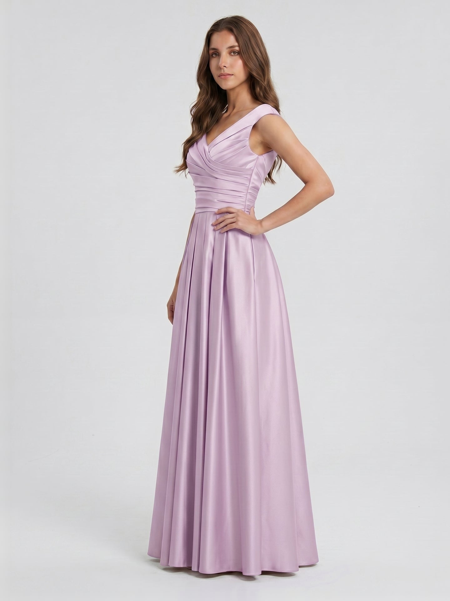 Lilac Satin A-Line V-Neck V-Back Floor-Length Bridesmaid Dress