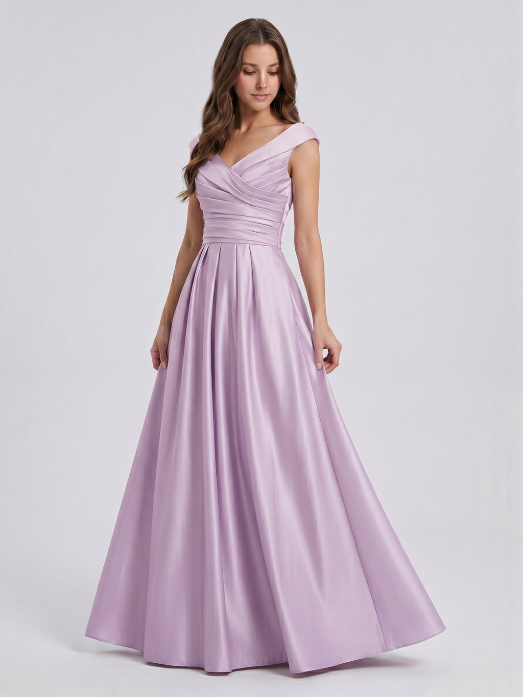 Lilac Satin A-Line V-Neck V-Back Floor-Length Bridesmaid Dress