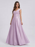 Lilac Satin A-Line V-Neck V-Back Floor-Length Bridesmaid Dress
