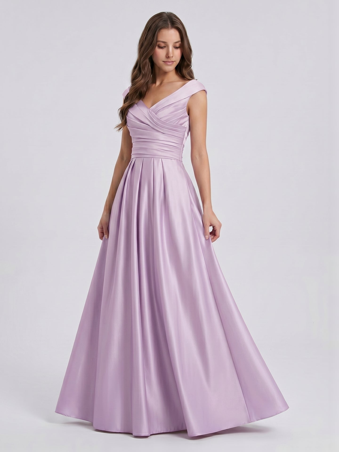 Lilac Satin A-Line V-Neck V-Back Floor-Length Bridesmaid Dress