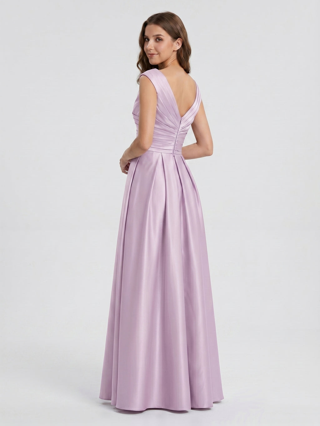 Lilac Satin A-Line V-Neck V-Back Floor-Length Bridesmaid Dress
