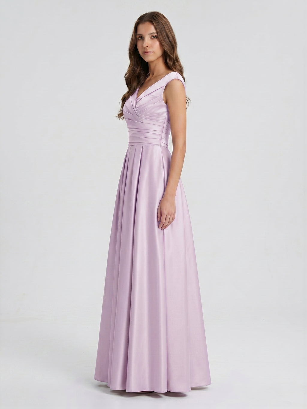 Lilac Satin A-Line V-Neck V-Back Floor-Length Bridesmaid Dress