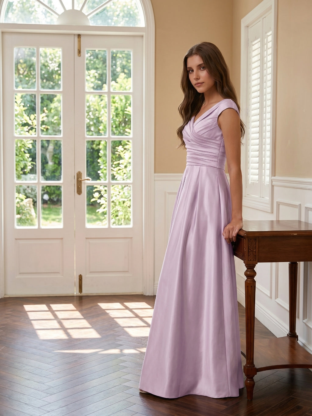 Lilac Satin A-Line V-Neck V-Back Floor-Length Bridesmaid Dress