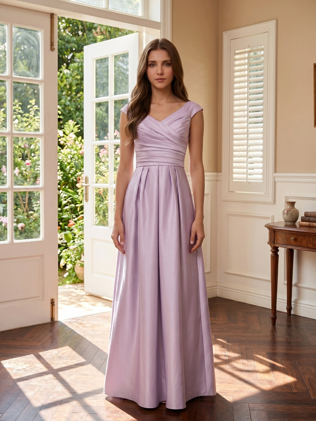 Lilac Satin A-Line V-Neck V-Back Floor-Length Bridesmaid Dress