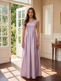 Lilac Satin A-Line V-Neck V-Back Floor-Length Bridesmaid Dress