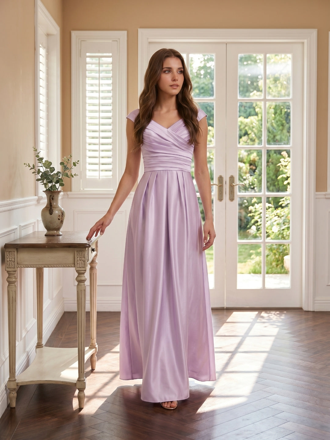 Lilac Satin A-Line V-Neck V-Back Floor-Length Bridesmaid Dress
