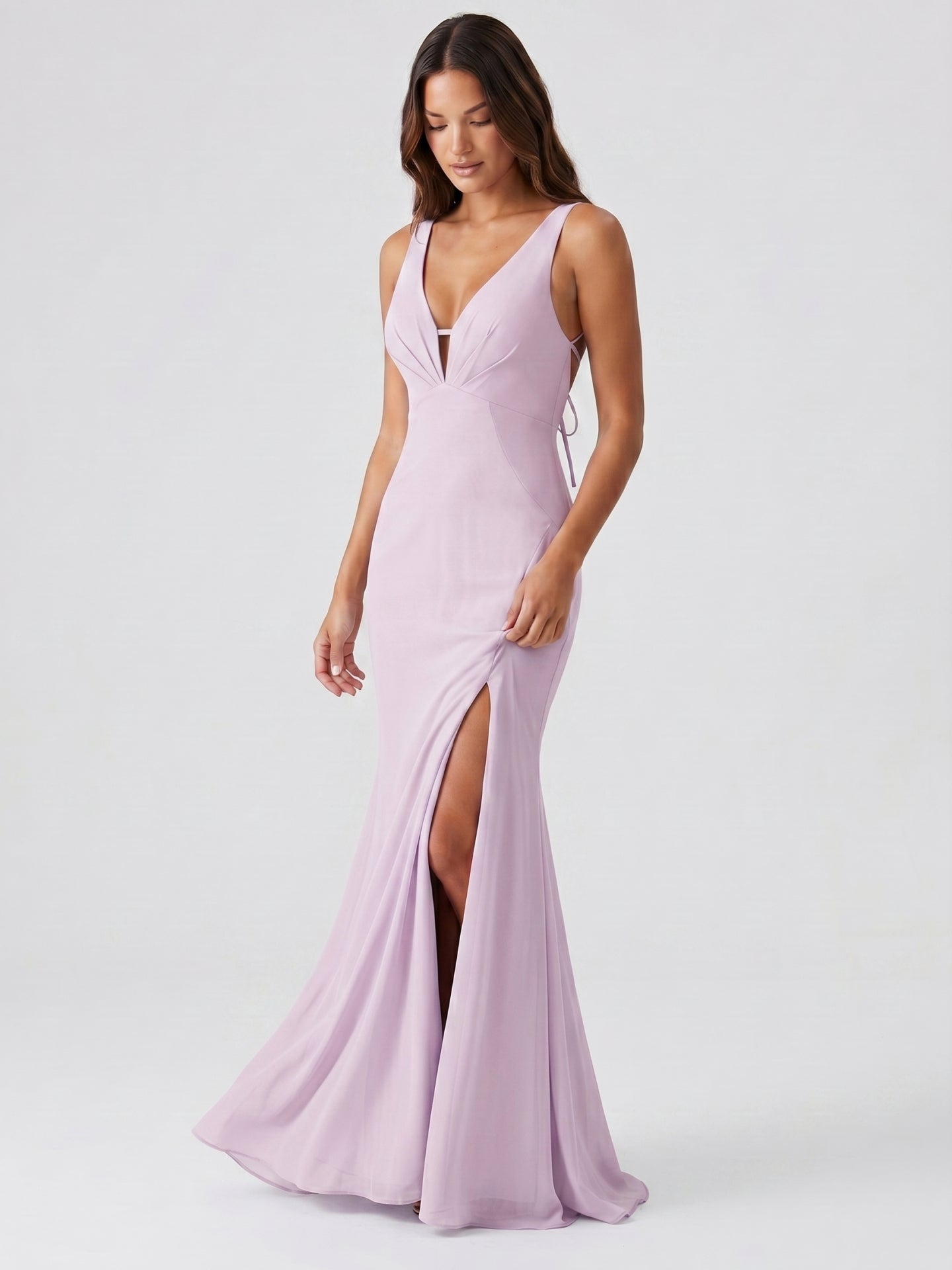 Lilac Satin Mermaid V-Neck Lace-Up Floor-Length Bridesmaid Dress