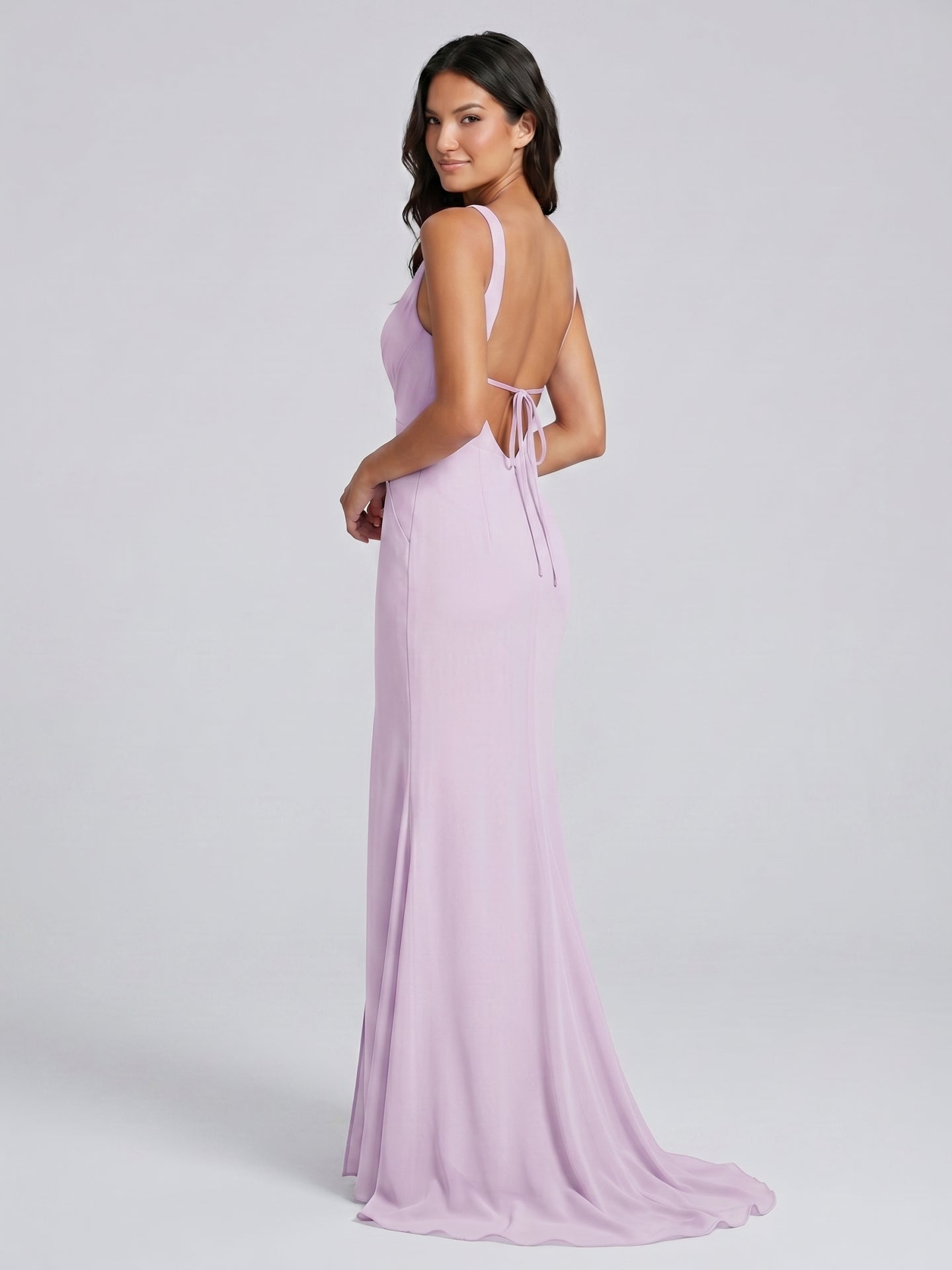 Lilac Satin Mermaid V-Neck Lace-Up Floor-Length Bridesmaid Dress