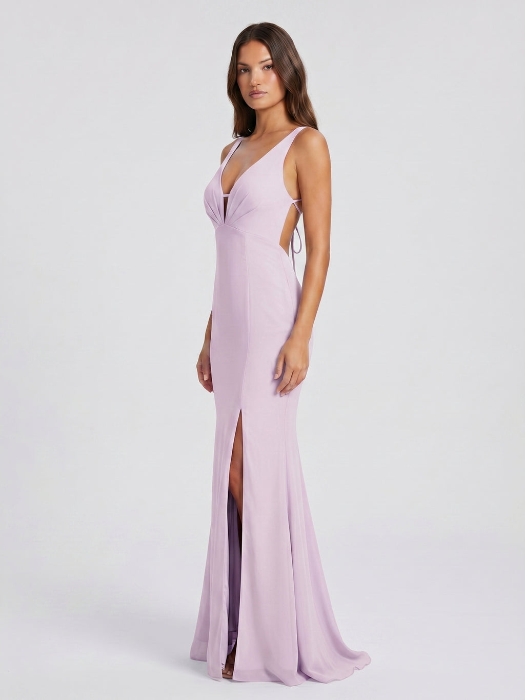 Lilac Satin Mermaid V-Neck Lace-Up Floor-Length Bridesmaid Dress