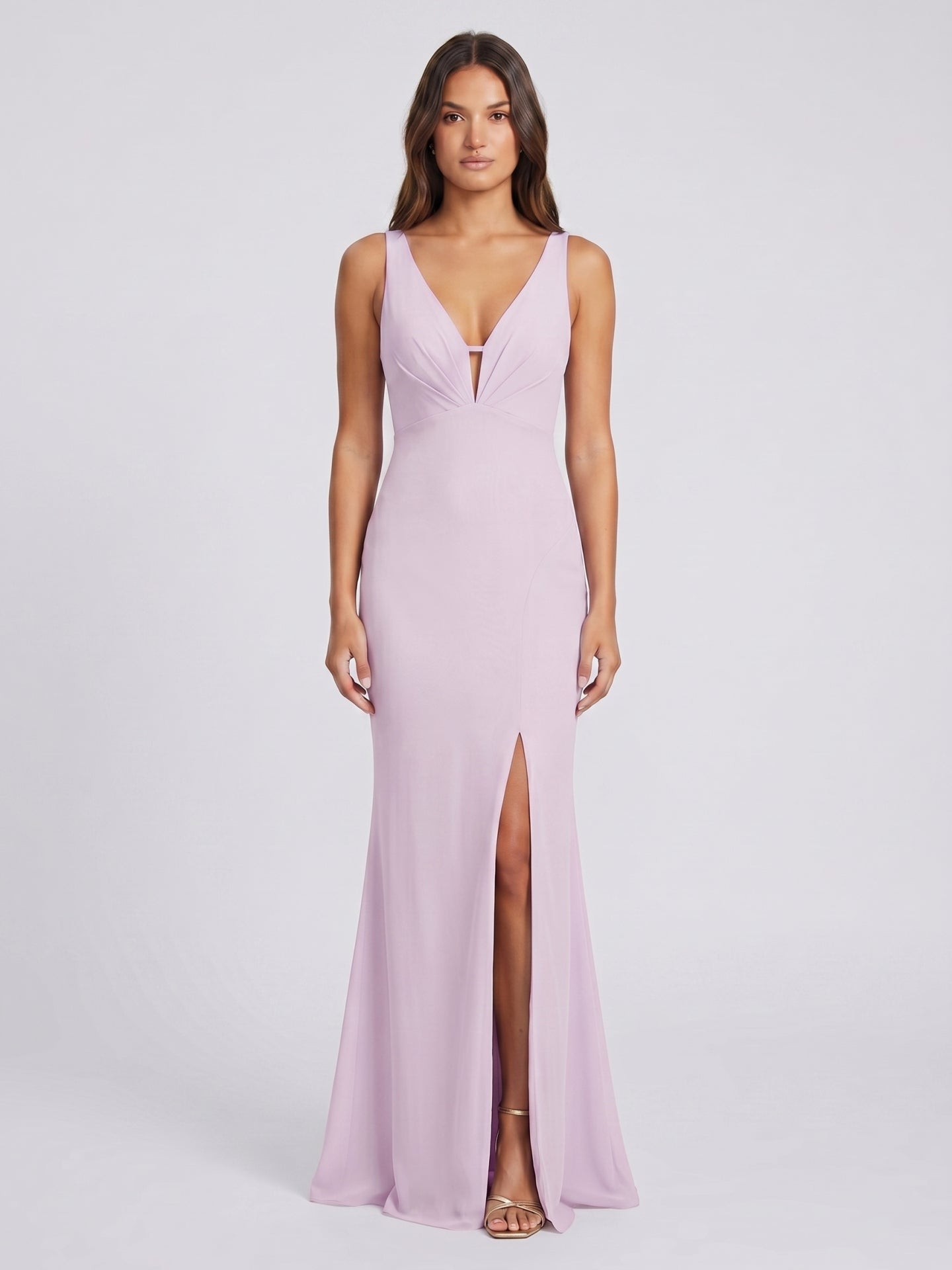 Lilac Satin Mermaid V-Neck Lace-Up Floor-Length Bridesmaid Dress
