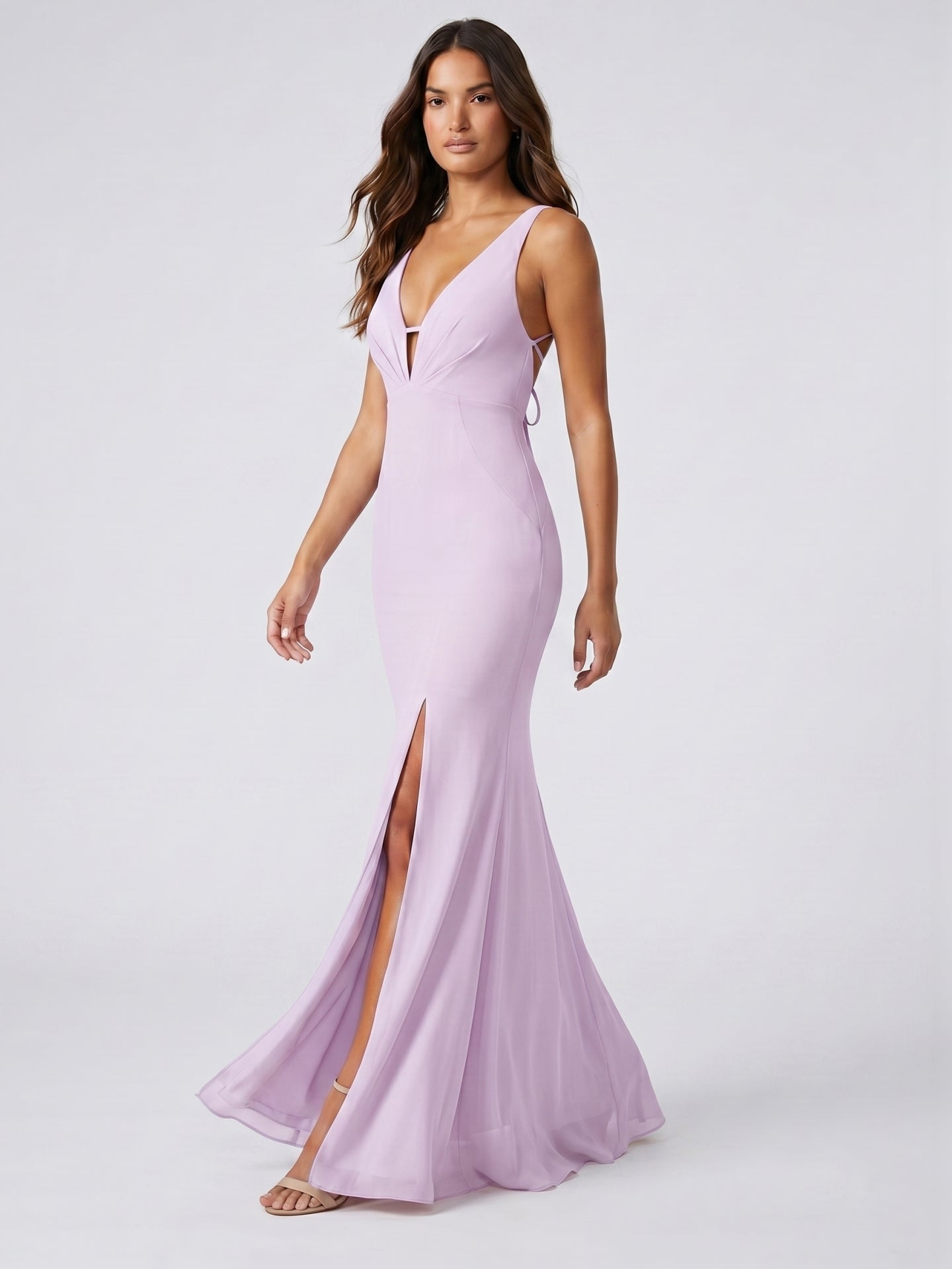 Lilac Satin Mermaid V-Neck Lace-Up Floor-Length Bridesmaid Dress