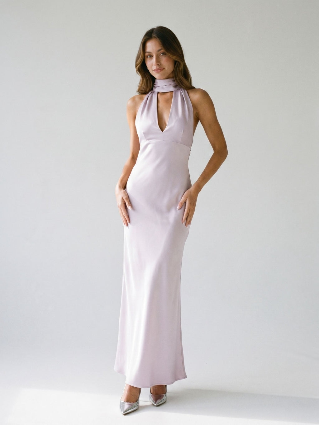 Lilac Satin Sheath Halter Neckline Backless Ankle-Length Evening Dress
