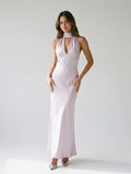 Lilac Satin Sheath Halter Neckline Backless Ankle-Length Evening Dress