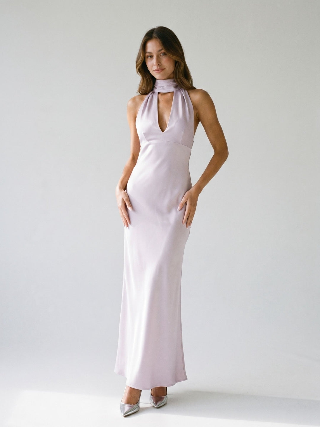 Lilac Satin Sheath Halter Neckline Backless Ankle-Length Evening Dress