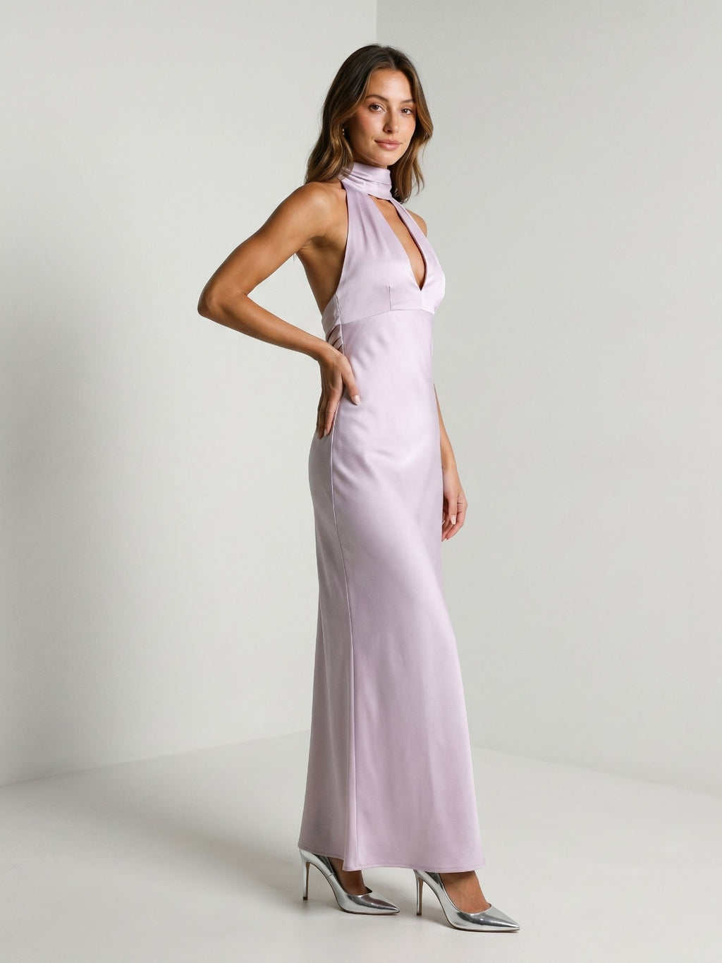 Lilac Satin Sheath Halter Neckline Backless Ankle-Length Evening Dress