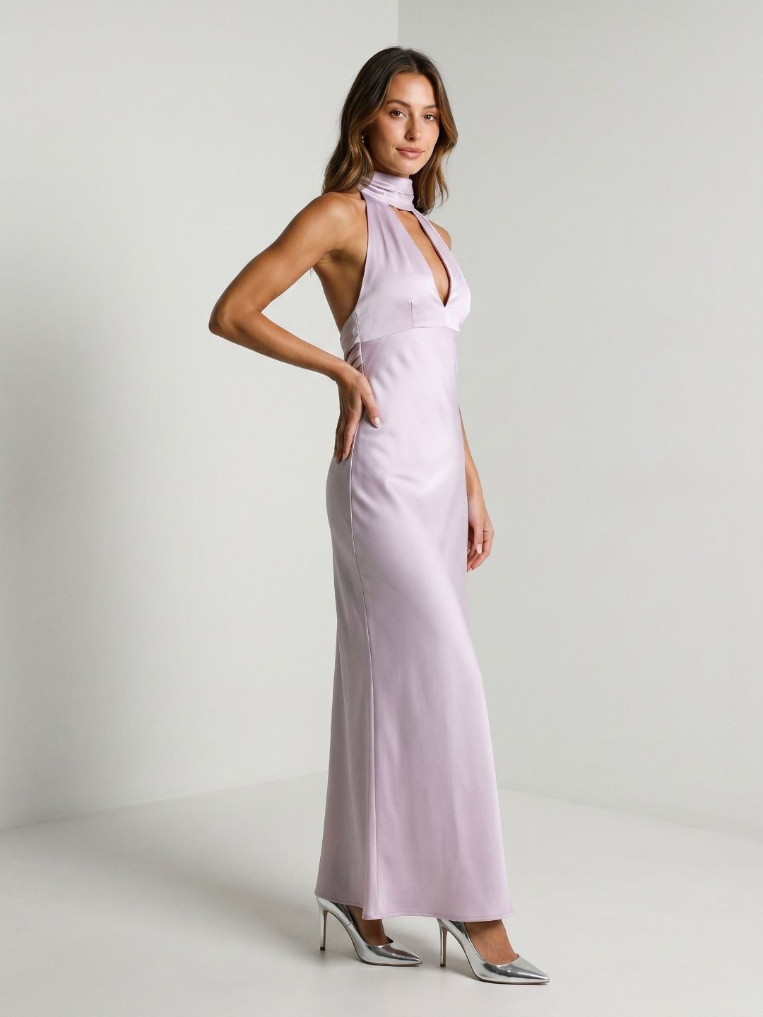 Lilac Satin Sheath Halter Neckline Backless Ankle-Length Evening Dress