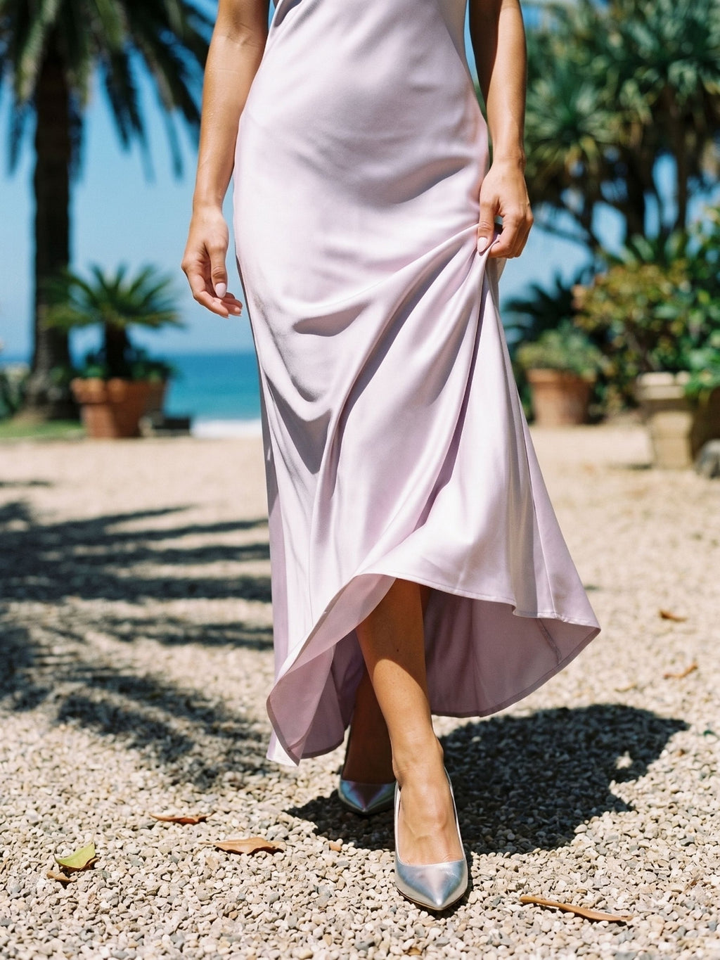 Lilac Satin Sheath Halter Neckline Backless Ankle-Length Evening Dress