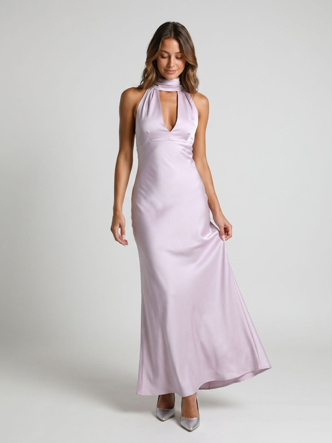 Lilac Satin Sheath Halter Neckline Backless Ankle-Length Evening Dress