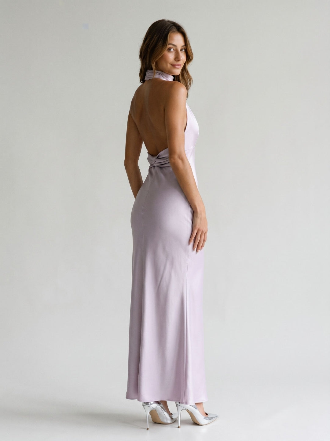Lilac Satin Sheath Halter Neckline Backless Ankle-Length Evening Dress