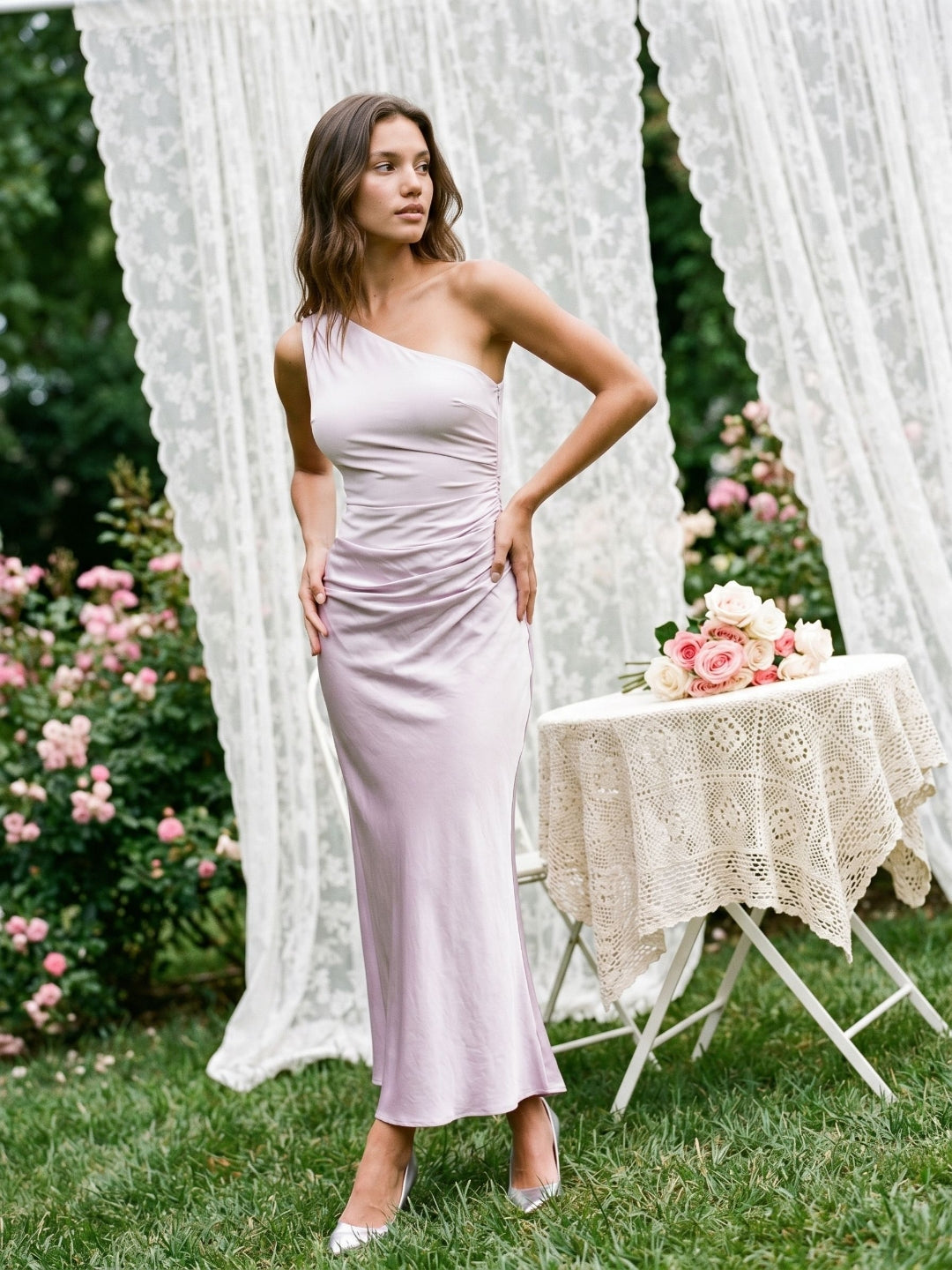 Lilac Satin Sheath One Shoulder Side Zip Ankle-Length Evening Dress
