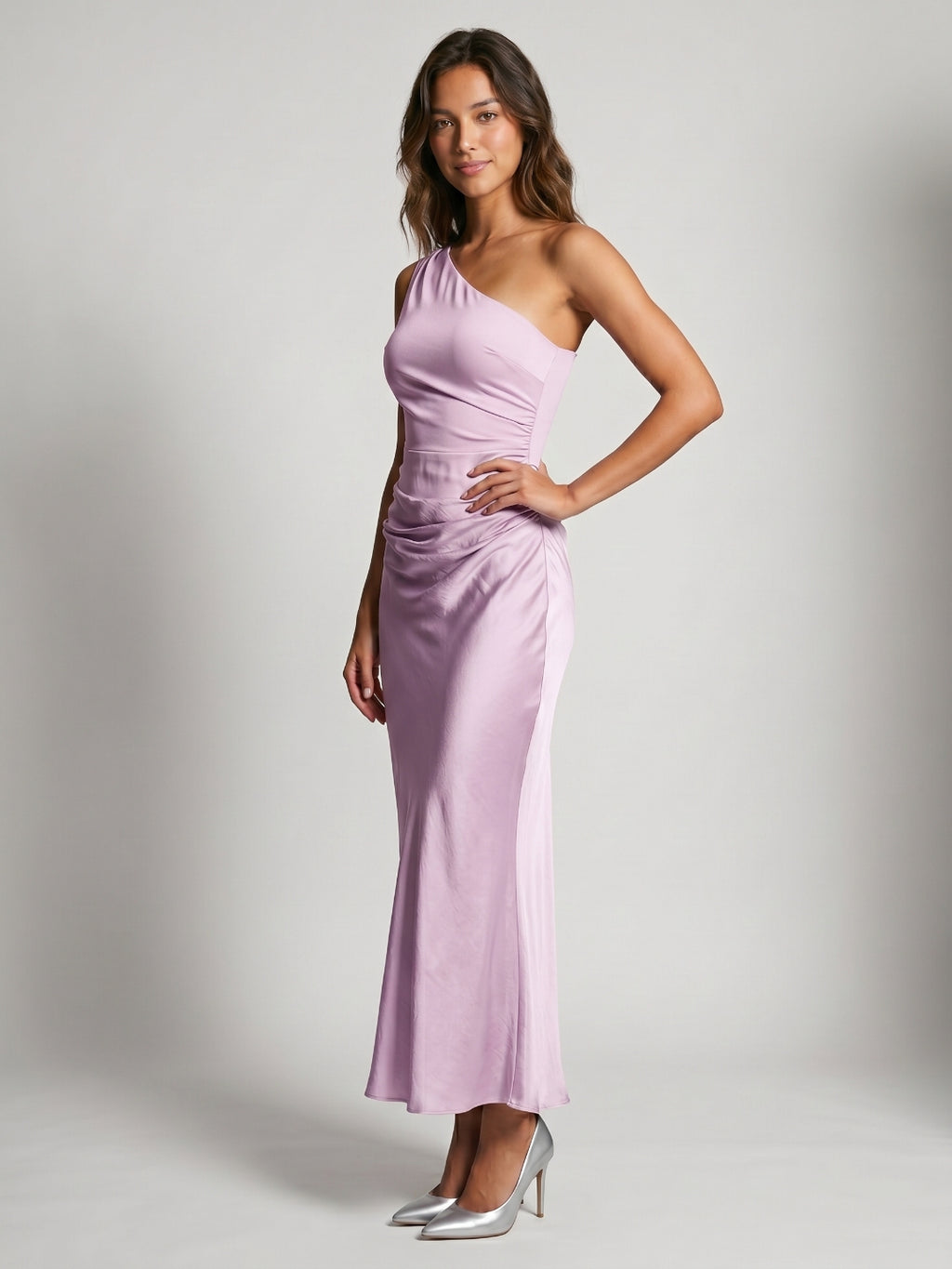 Lilac Satin Sheath One Shoulder Side Zip Ankle-Length Evening Dress