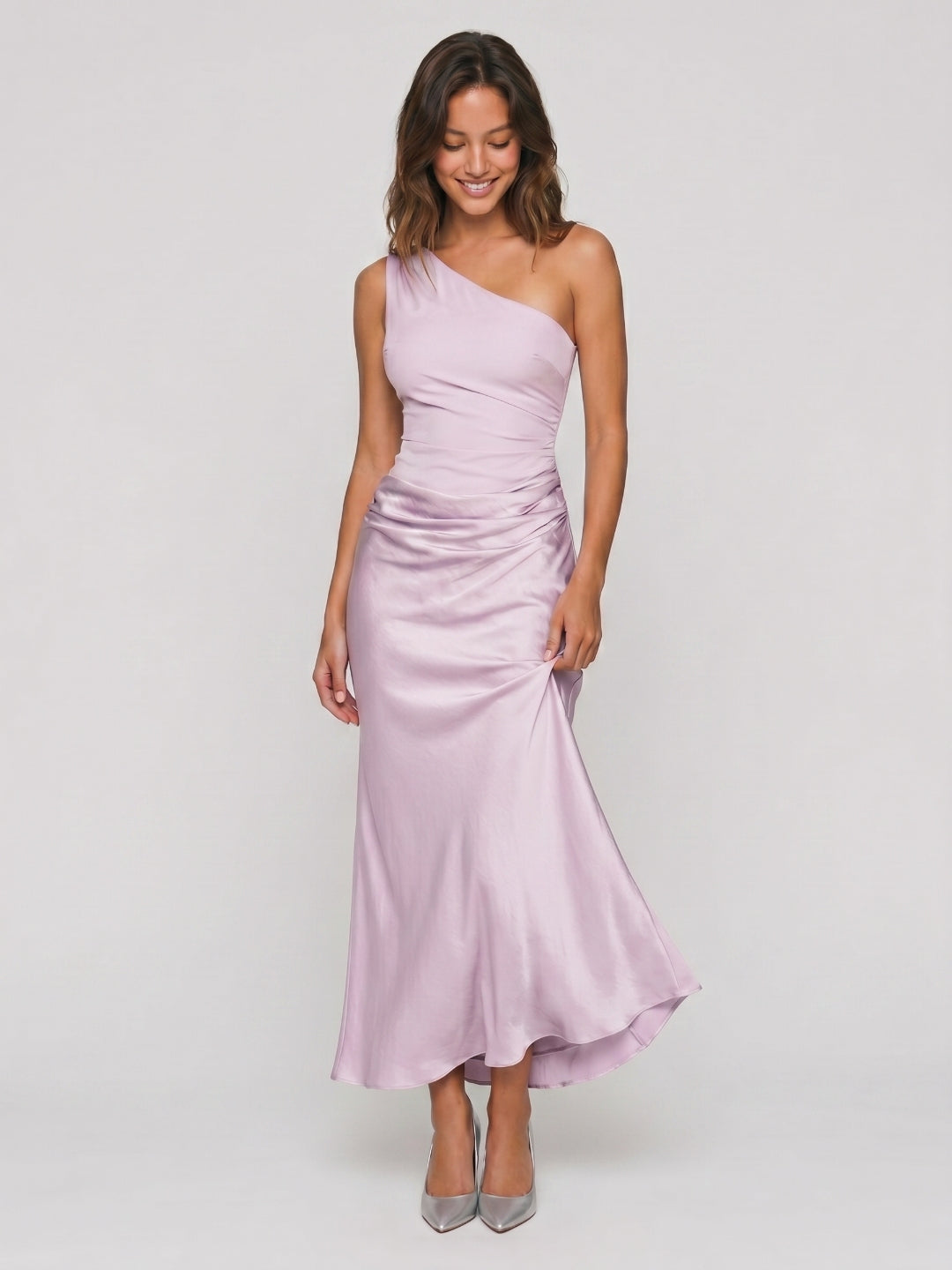 Lilac Satin Sheath One Shoulder Side Zip Ankle-Length Evening Dress