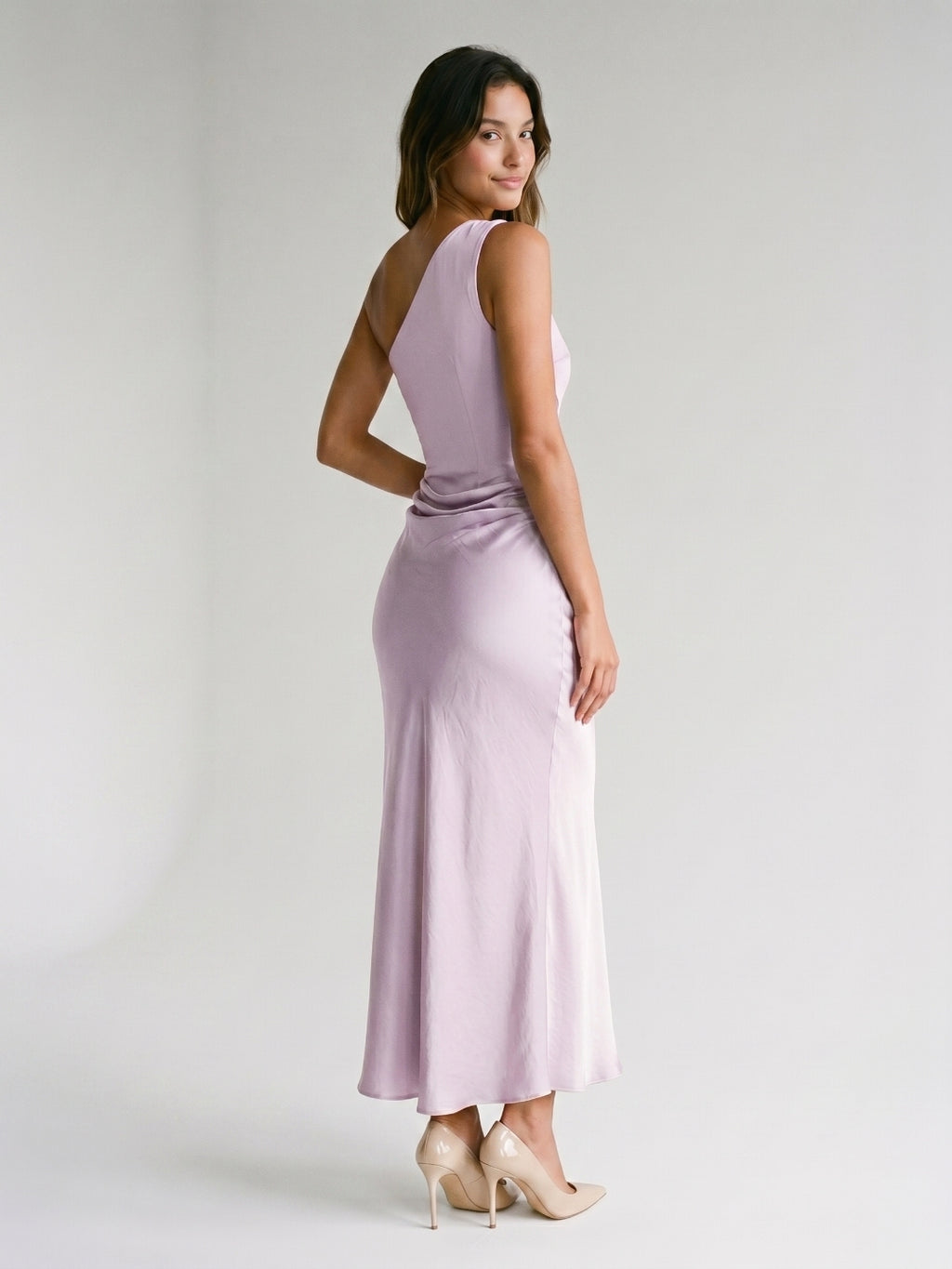 Lilac Satin Sheath One Shoulder Side Zip Ankle-Length Evening Dress