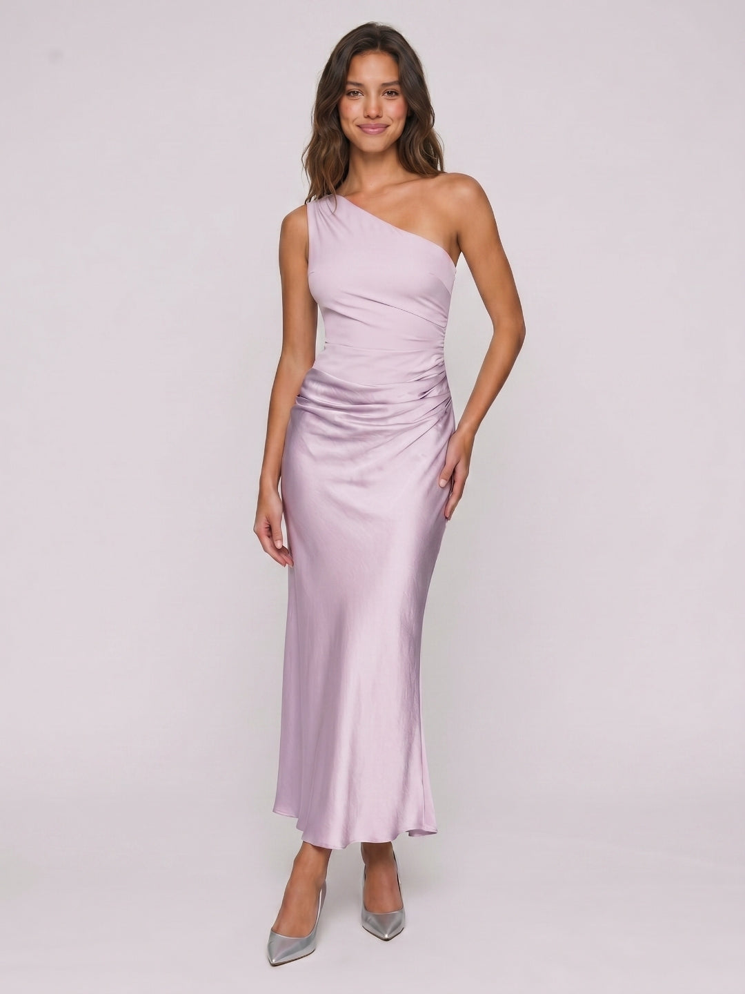 Lilac Satin Sheath One Shoulder Side Zip Ankle-Length Evening Dress