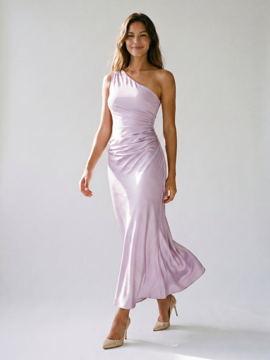 Lilac Satin Sheath One Shoulder Side Zip Ankle-Length Evening Dress