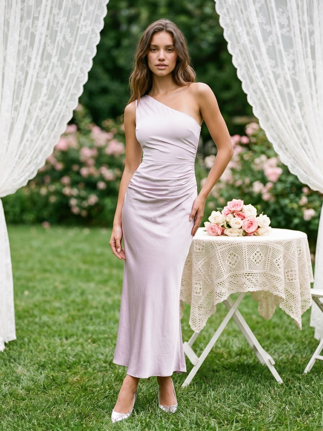 Lilac Satin Sheath One Shoulder Side Zip Ankle-Length Evening Dress