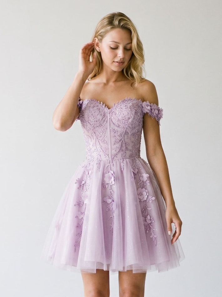 Lilac Sequin A-Line Off-the-Shoulder Back Zip Short Dress with 3D Flowers