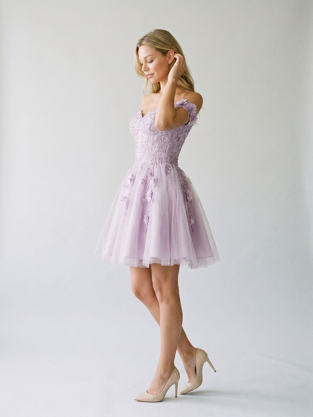 Lilac Sequin A-Line Off-the-Shoulder Back Zip Short Dress with 3D Flowers