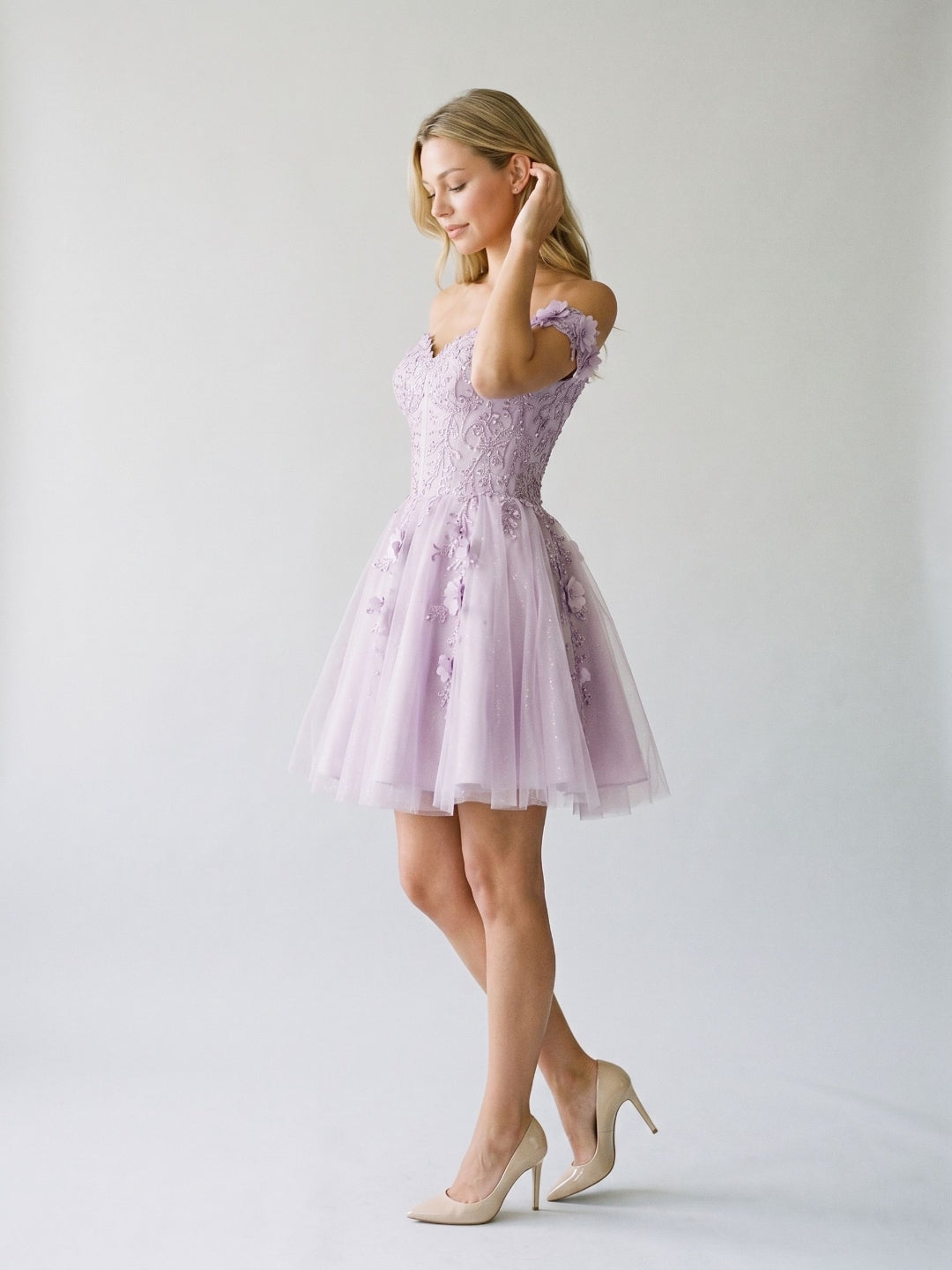 Lilac Sequin A-Line Off-the-Shoulder Back Zip Short Dress with 3D Flowers