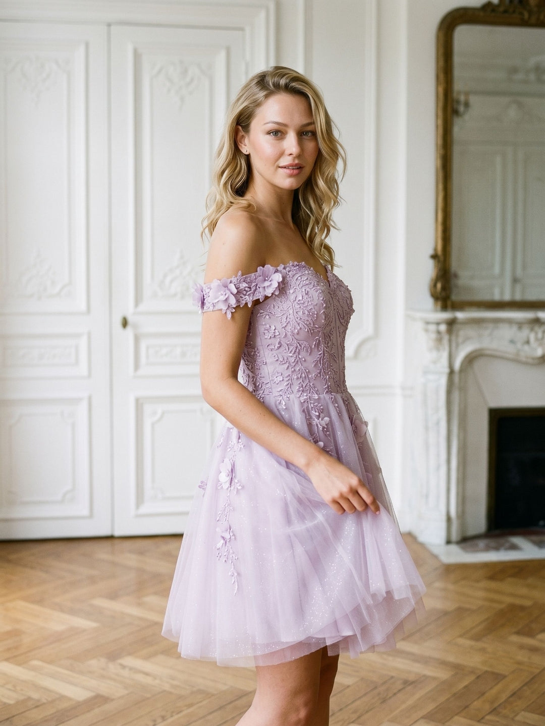 Lilac Sequin A-Line Off-the-Shoulder Back Zip Short Dress with 3D Flowers