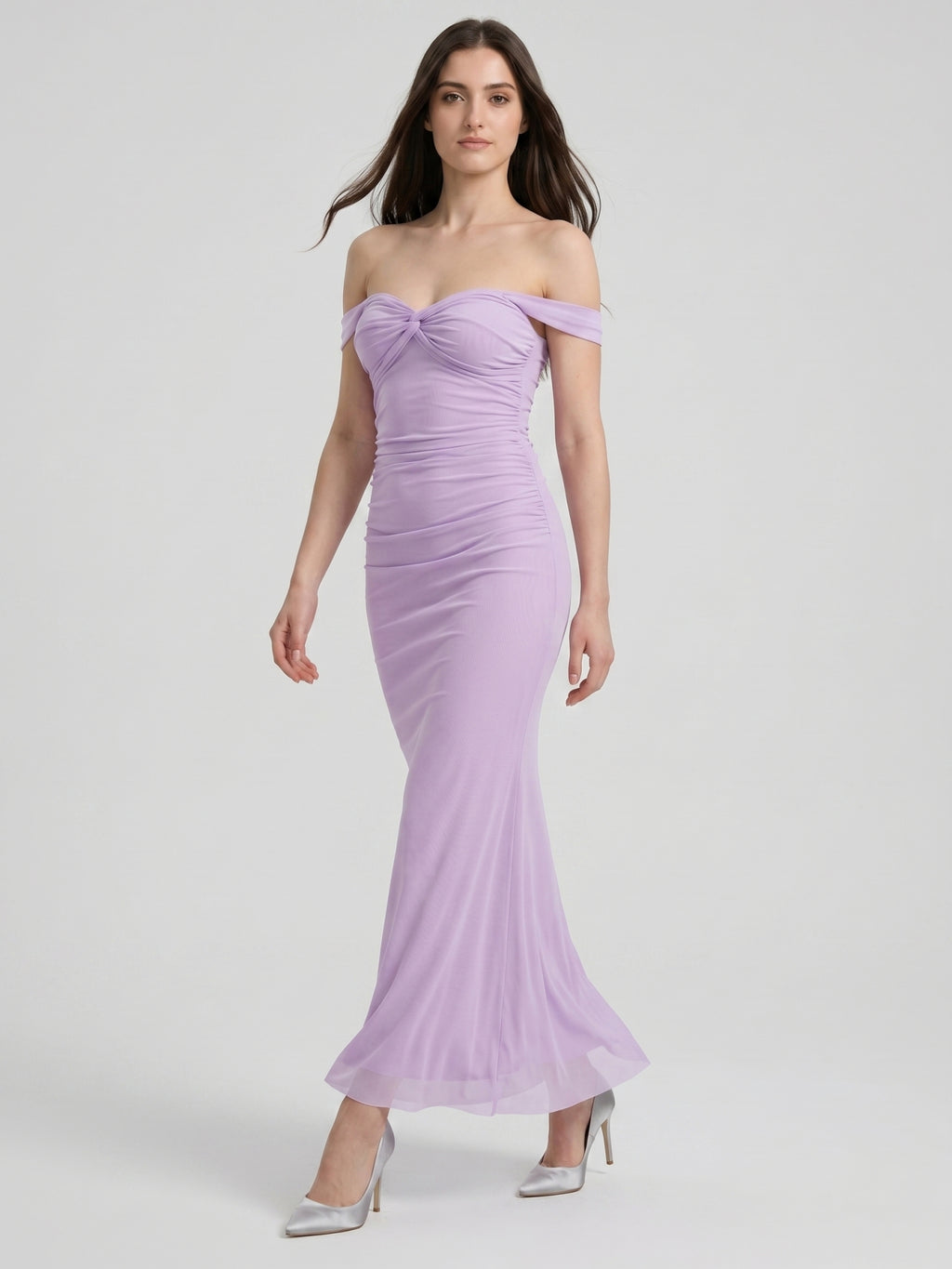 Lilac Stretch Knit Column Off-the-Shoulder Lace-up Floor-Length Bridesmaid Dress