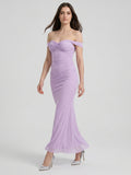 Lilac Stretch Knit Column Off-the-Shoulder Lace-up Floor-Length Bridesmaid Dress