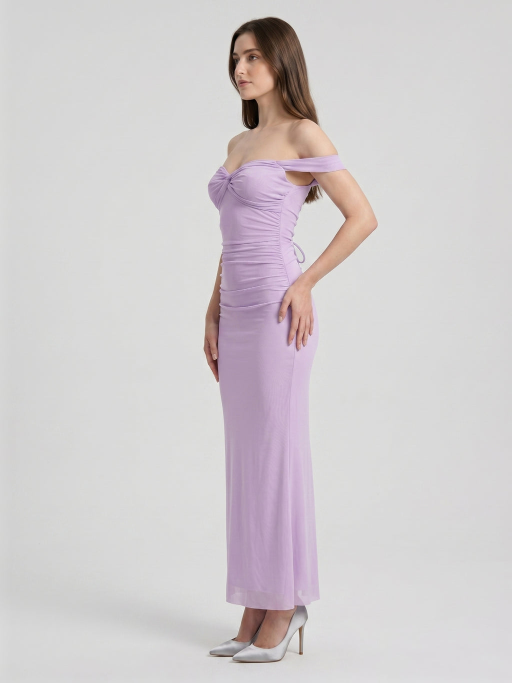 Lilac Stretch Knit Column Off-the-Shoulder Lace-up Floor-Length Bridesmaid Dress