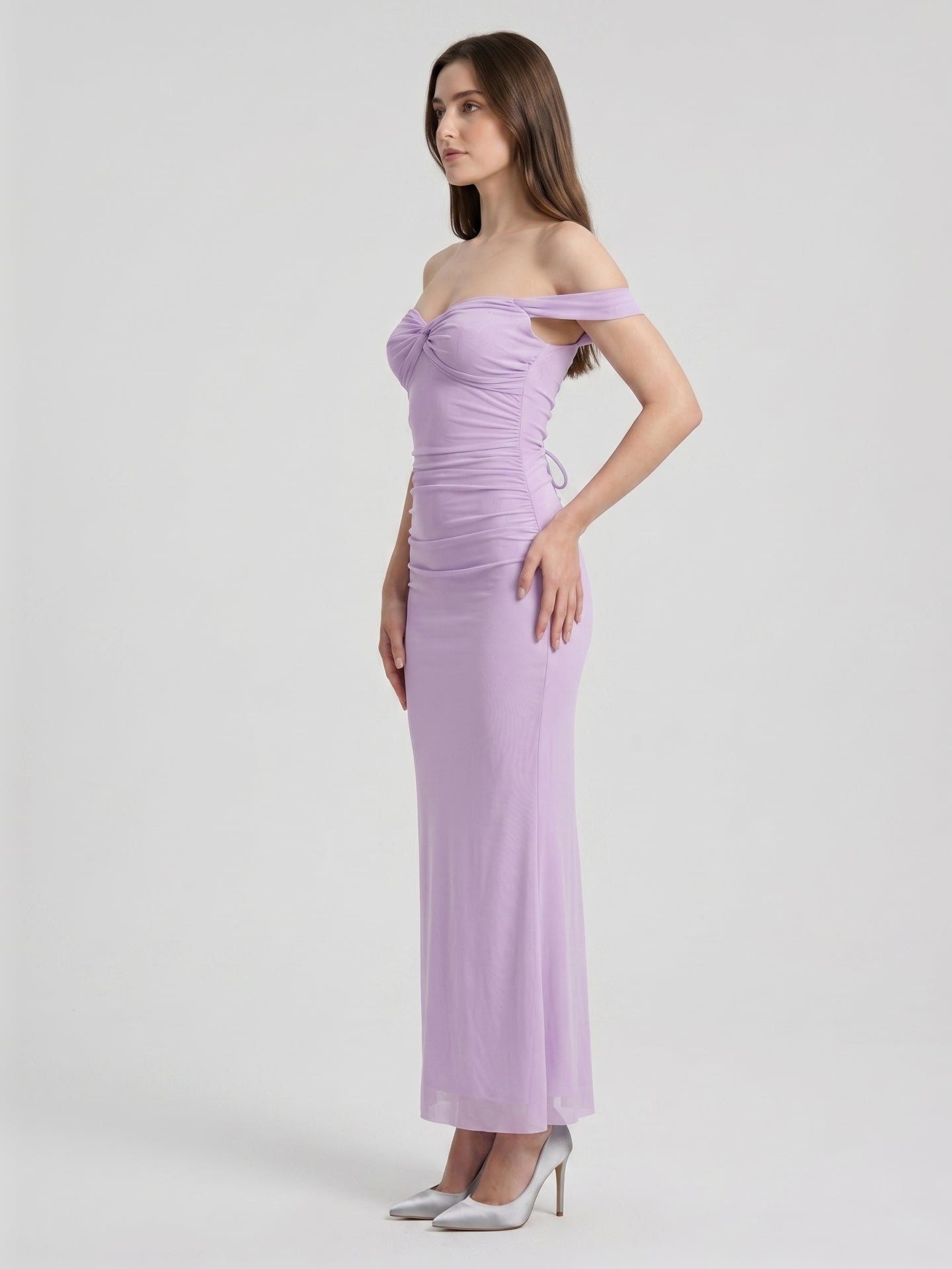 Lilac Stretch Knit Column Off-the-Shoulder Lace-up Floor-Length Bridesmaid Dress