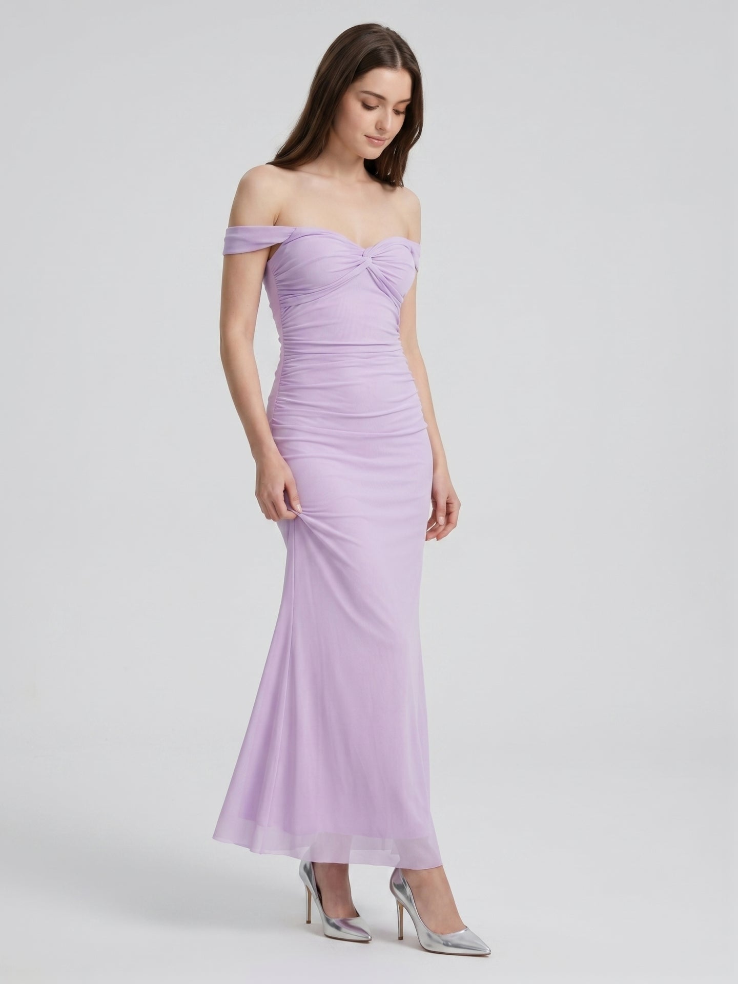 Lilac Stretch Knit Column Off-the-Shoulder Lace-up Floor-Length Bridesmaid Dress