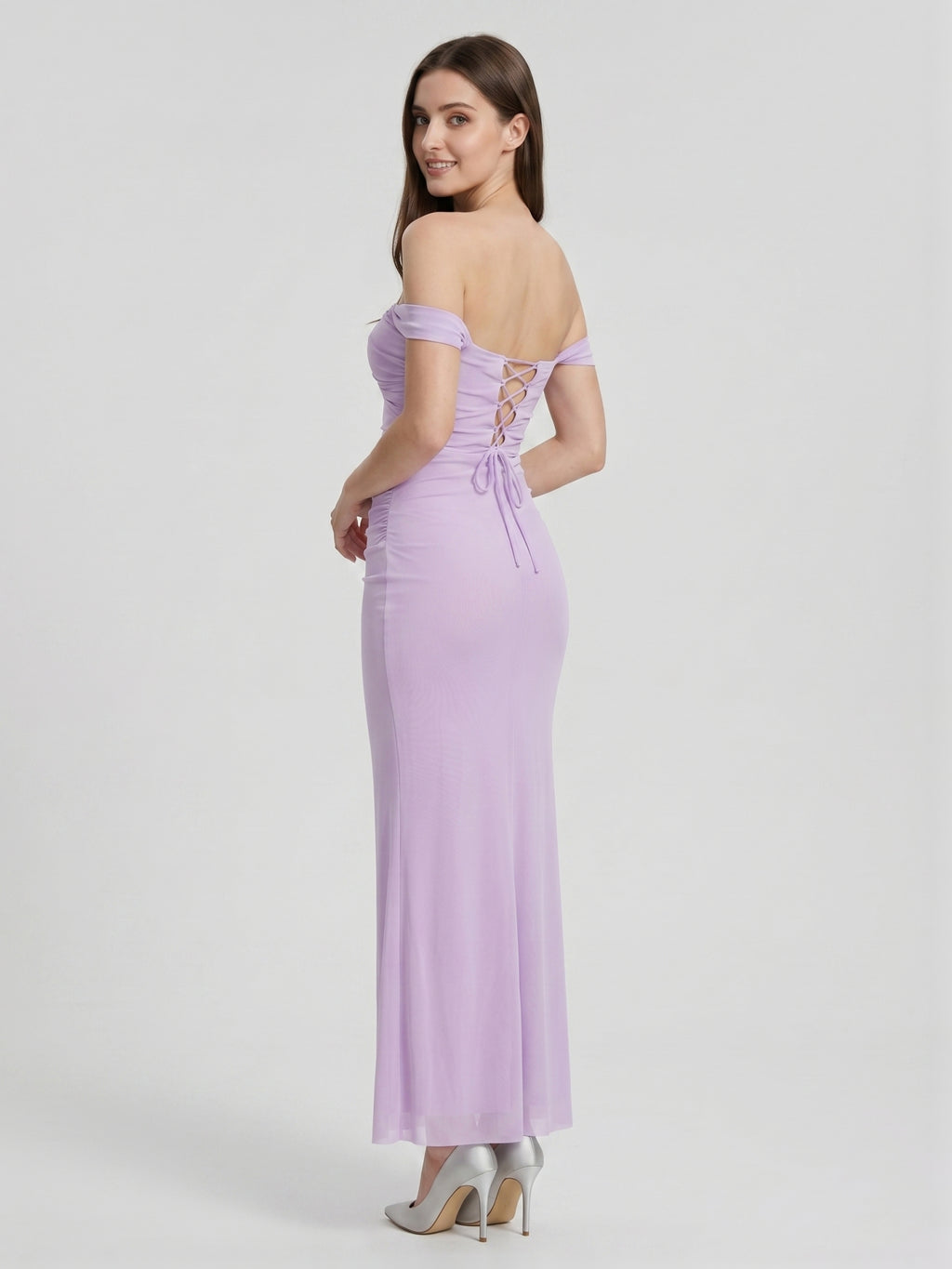 Lilac Stretch Knit Column Off-the-Shoulder Lace-up Floor-Length Bridesmaid Dress