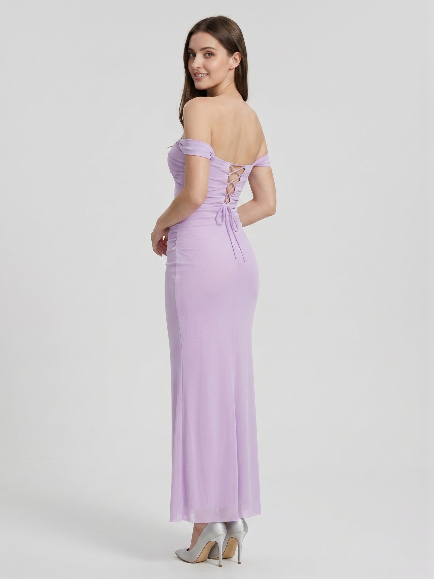 Lilac Stretch Knit Column Off-the-Shoulder Lace-up Floor-Length Bridesmaid Dress